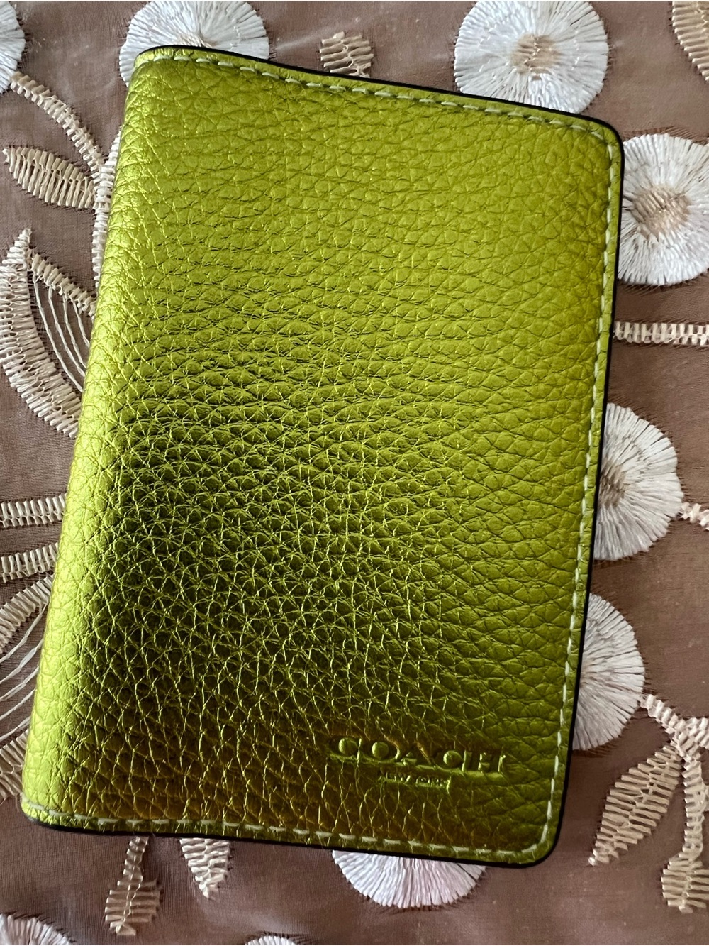 Coach Metallic Lime Green Pebbled Leather Card Holder
